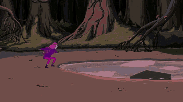 a cartoon drawing of a person in a purple outfit standing next to a body of water