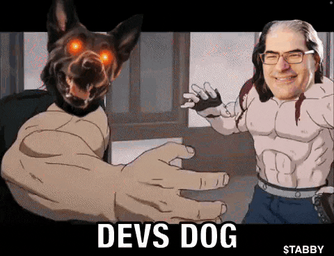 a cartoon of a man and a dog with the words devs dog written on the bottom