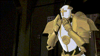 a robot with a cross on it 's face