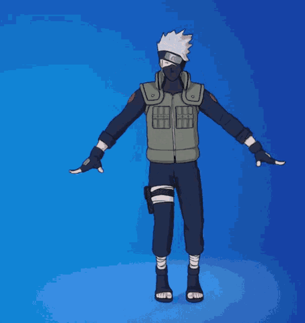 a cartoon character with his arms outstretched is wearing a mask