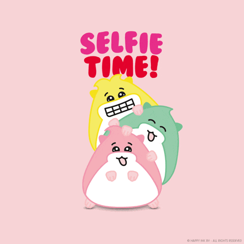 a pink background with three hamsters and the words " selfie time " on it