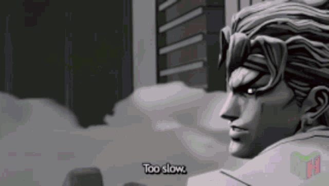 a statue of a man says too slow in a black and white photo
