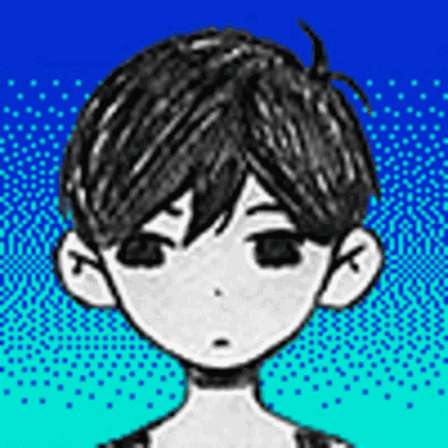 a black and white drawing of a boy 's face on a blue and green background .