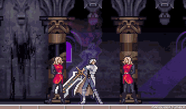 a pixel art of a man holding a sword and a woman standing next to him