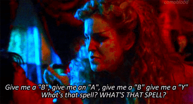 a blurry picture of a woman with the words " give me a b " on the bottom