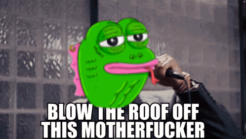a green frog with a pink mouth is singing into a microphone and the caption blow the roof off this motherfucker