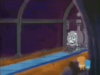 a cartoon train is going down the tracks with a nickelodeon logo behind it