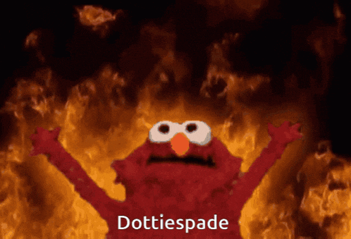 elmo is standing in front of a fire and says ' dottiespade ' at the bottom