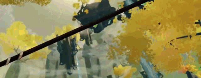 a person is holding a sword in a video game while standing in a forest .
