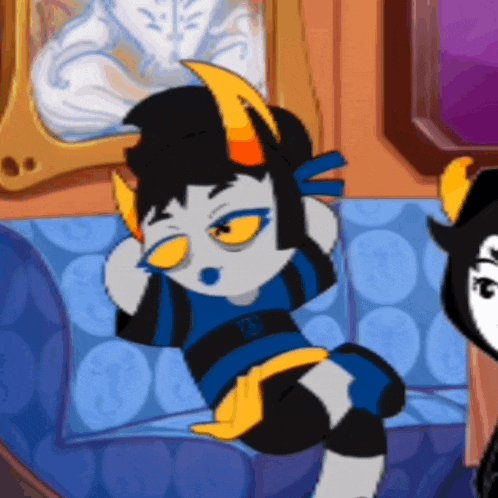 a cartoon character sitting on a blue couch