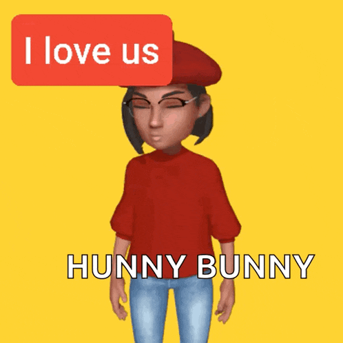 a cartoon character says i love us hunny bunny in a red speech bubble