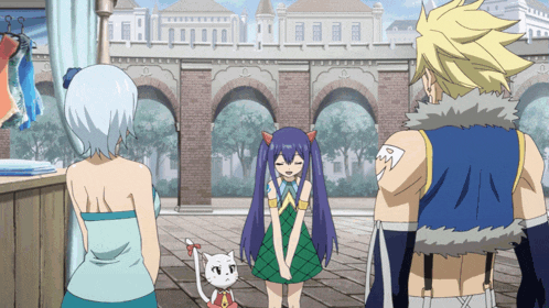 a group of anime characters are standing in front of a brick building