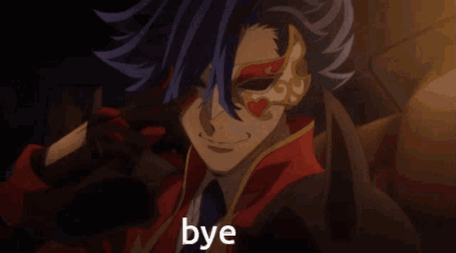 a cartoon character with a mask on his face and the word bye below him