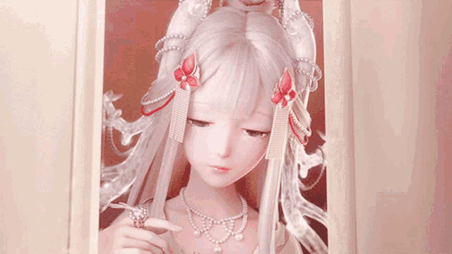 a doll with white hair and a pearl necklace looks out a window