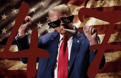 a man in a suit and tie smoking a cigarette in front of an american flag with the number 47 on it