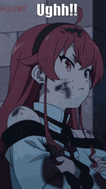 a red haired anime girl is screaming with the words ughh written above her