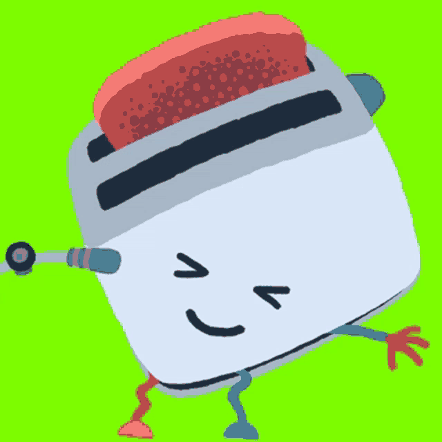 a cartoon drawing of a toaster with a smiley face