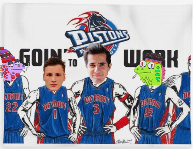 detroit pistons basketball players with their hands on their hips in front of a pistons logo