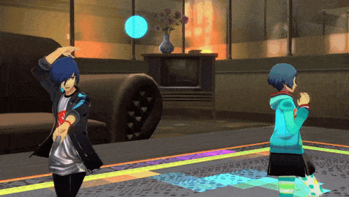 two anime characters are dancing in a living room with a tv in the background