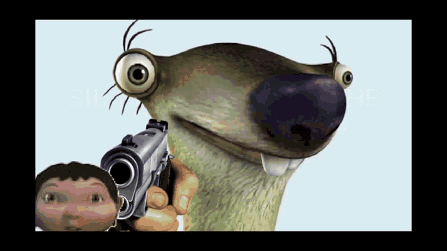 a cartoon character is holding a gun in front of his face