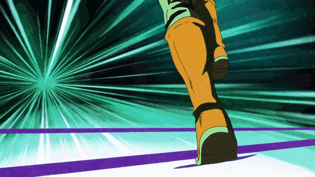 a cartoon drawing of a person 's foot walking on a green background