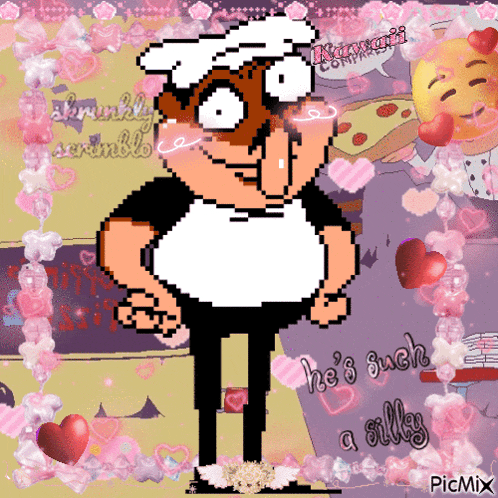 a pixel art of a chef with the words he 's such a silly in the corner
