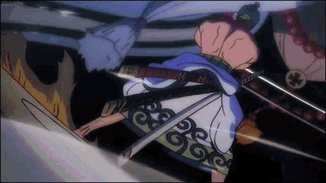 a samurai is holding a sword in his hand while fighting another samurai in a cartoon .