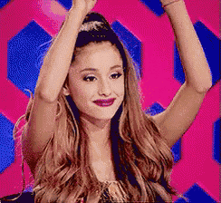 a woman with her arms in the air and a pink and blue background