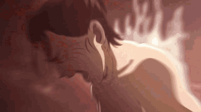 a close up of a person 's face with a flame behind it