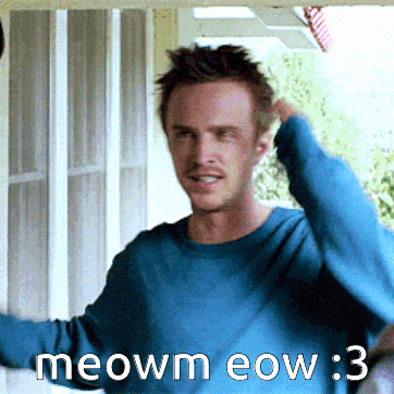 a man wearing a blue sweater says meowm eow 3