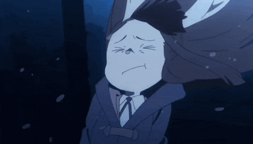 a cartoon character with a sad look on his face is standing in the dark