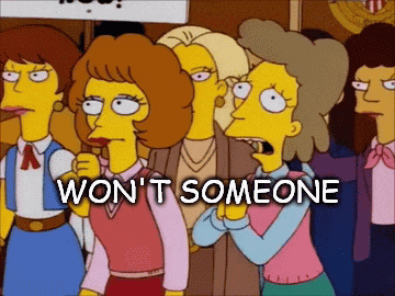 a group of cartoon characters are standing in front of a sign that says won t someone