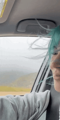a woman with blue hair is driving a car with a sun visor that says warning on it