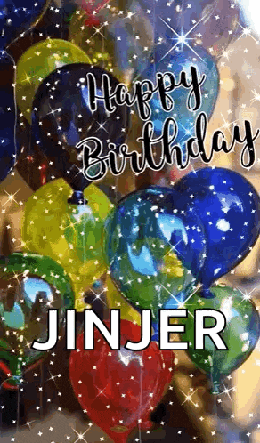 a bunch of balloons are floating in the air with the words `` happy birthday jinjer '' written on them .