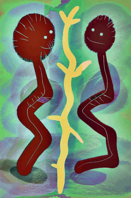 a drawing of two stick figures with smiley faces