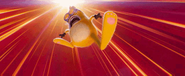 a cartoon character is flying through the air with the sun shining behind him