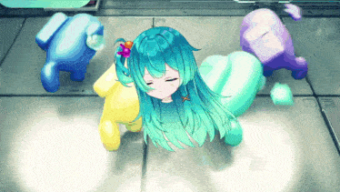 a girl with blue hair and a flower in her hair is surrounded by among us stuffed animals