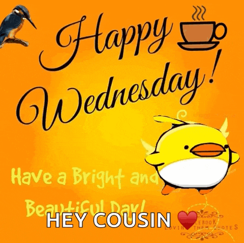a happy wednesday greeting card with a yellow duck and a cup of coffee