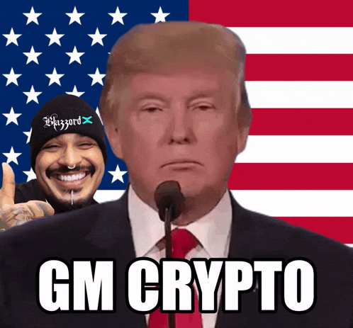 a picture of donald trump giving a speech with the words gm crypto below him