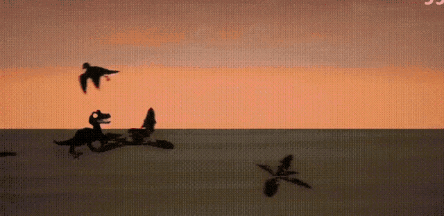 a pixelated image of a sunset with birds flying in the distance