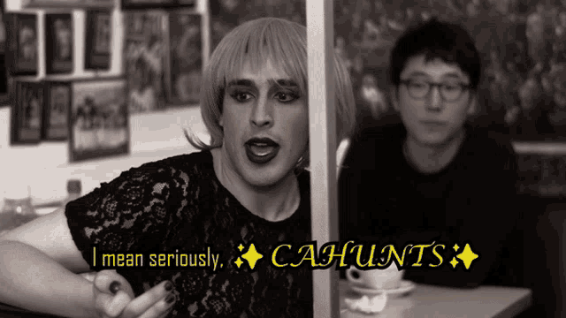 a man in a wig says i mean seriously cahunts in a black and white photo