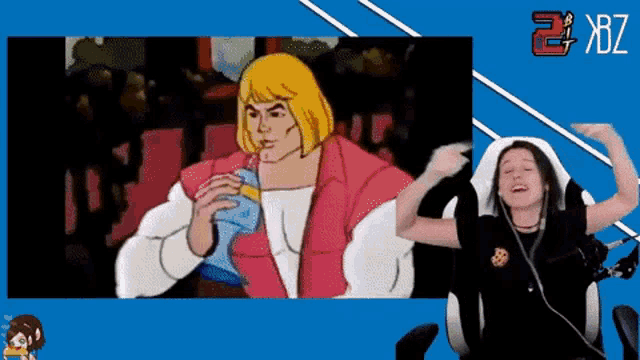 a woman is sitting in front of a cartoon of he man and the number 2xr7