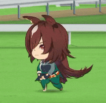 a cartoon character with long brown hair and ears is walking on a green field .
