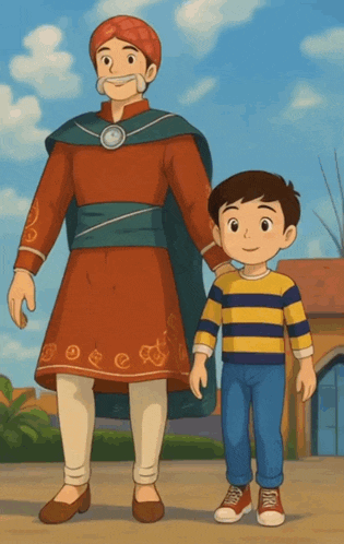 a man and a boy are standing next to each other in a cartoon