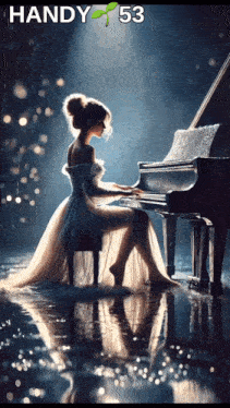 a woman in a long dress is playing a piano with handy 53 on the bottom right