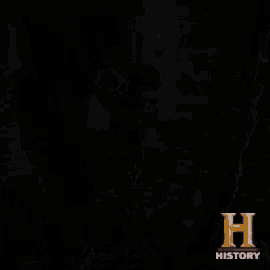 a close up of a man 's face with a history logo in the background