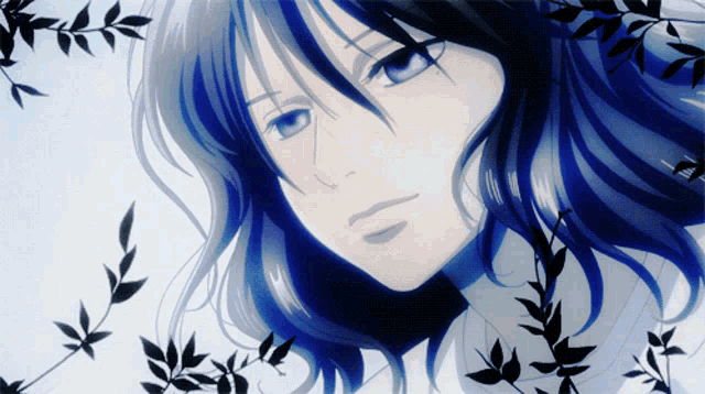 a drawing of a woman with long blue hair
