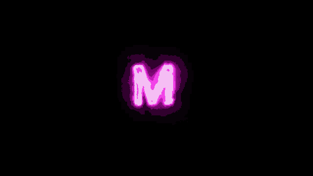 the letter m is glowing in pink on a black background .