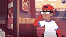 a cartoon boy with glasses and a red hat is standing in front of a building .