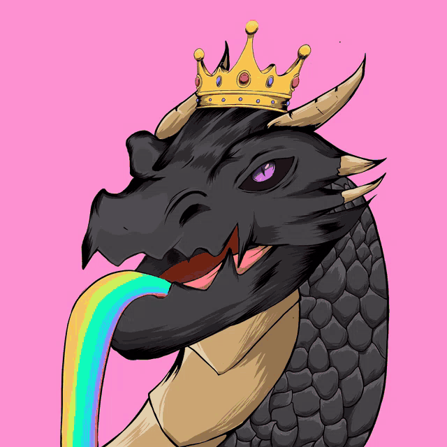 a drawing of a dragon with a crown on its head and a rainbow coming out of its mouth